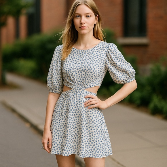 VESTIQUE CUT- OUT FIT & FLARE BLUE FLORAL PEASANT TIE BACK MINI DRESS SZ L - Picture 14 of 14